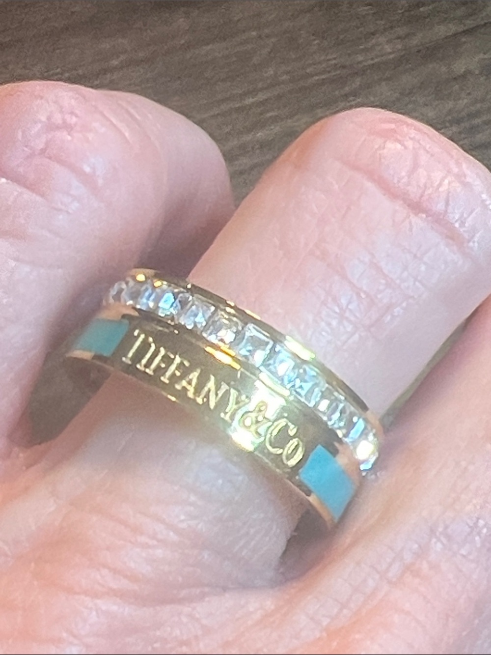 Gold Stainless Steel Ring with Turquoise Enamel and Crystal Row